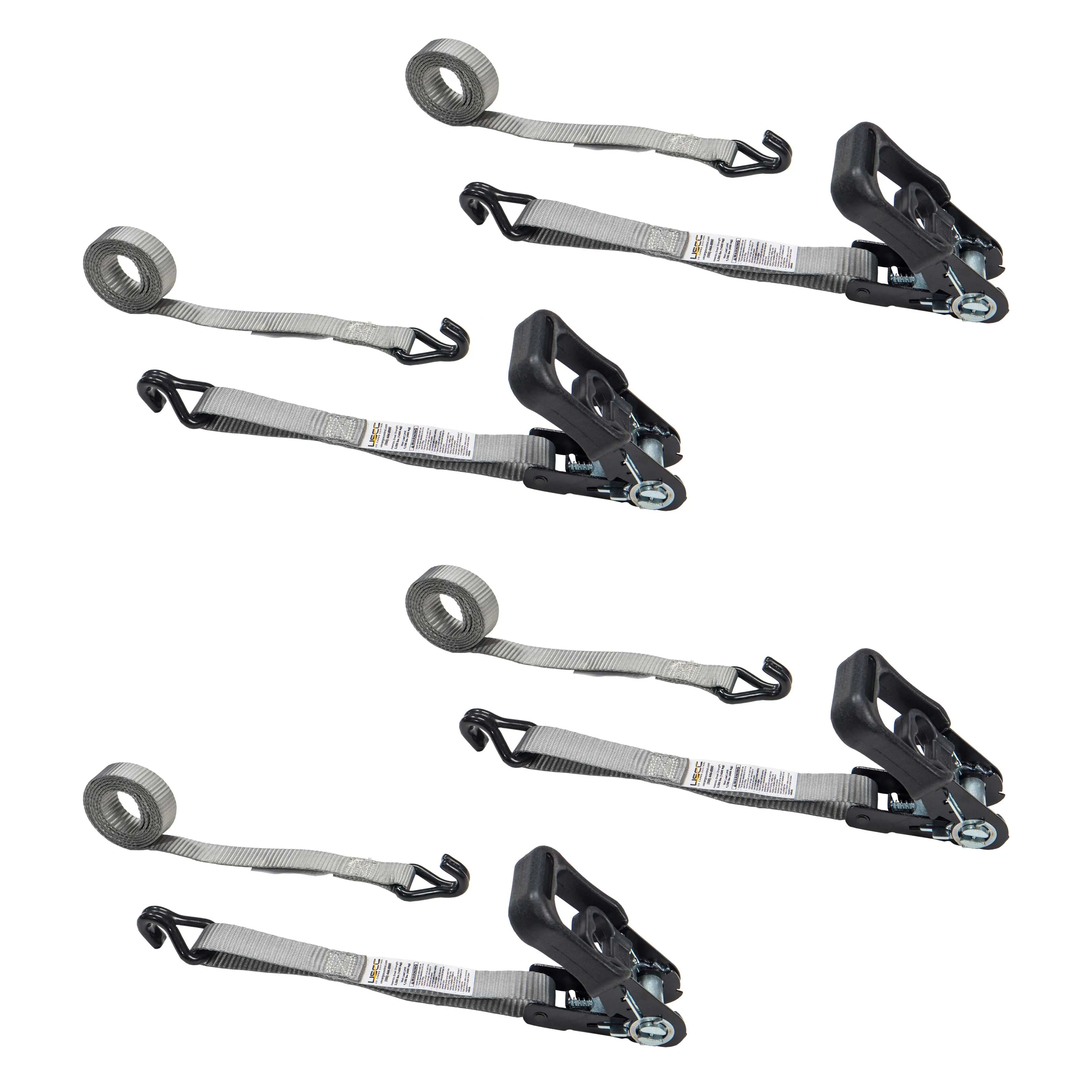 1" x 10' Rubber Coated Ratchet Strap w/ Vinyl Coated Wire Hooks - 4 Pack