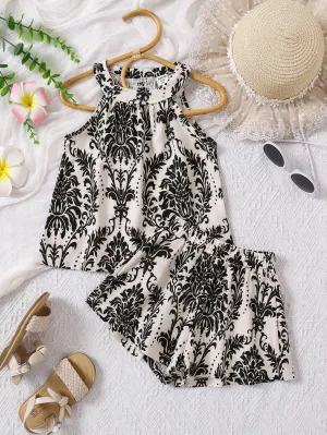 2pcs/Set Girls Young Girl Summer Lightweight Fashion Casual Retro Breathable Loose Allover Print Pattern Digital Print Tank Top   Shorts Set