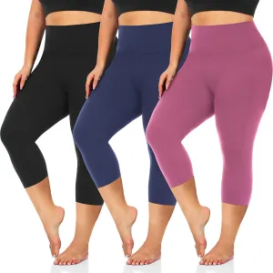 3 Pack Women's Plus Size Capri Leggings High Waist Tummy Control, Stretchy Yoga Workout Pants (XL-4X) - Spandex Elastic Fit 3 Pack Women's Plus Size Capri Leggings High Waist Tummy Control, Stretchy Yoga Workout Pants (XL-4X) - Spandex Elastic Fit