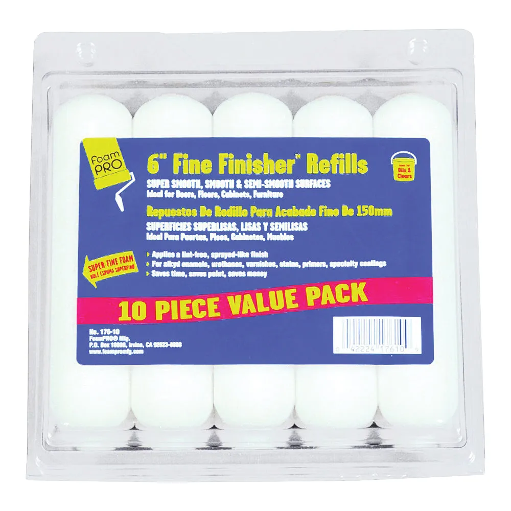 FOAMPRO 176-10 Roller Refill, 3/8 in Thick Nap, 6 in L, Foam Cover