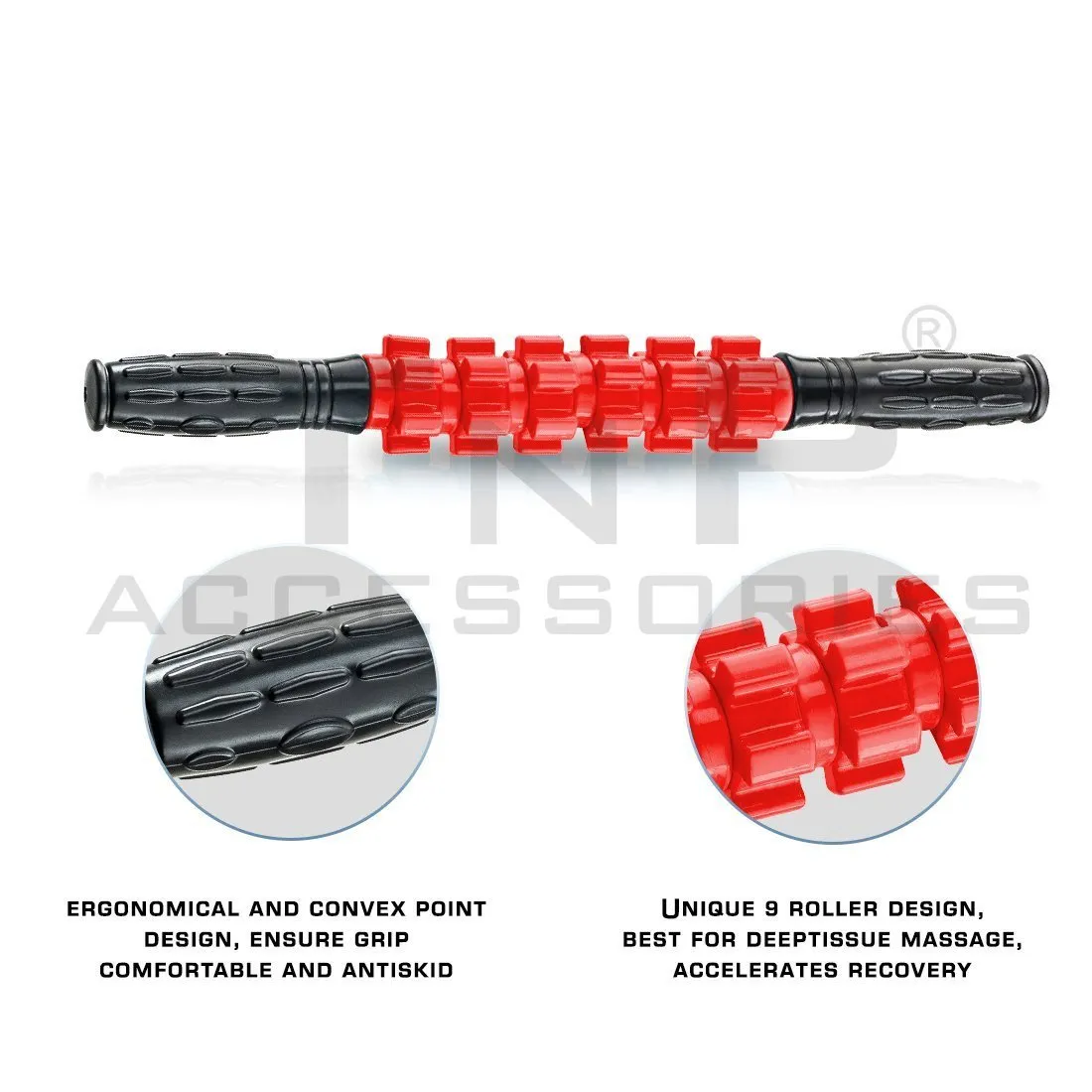 Massage Stick Roller with 6 Trigger Point Rollers - Red/Black