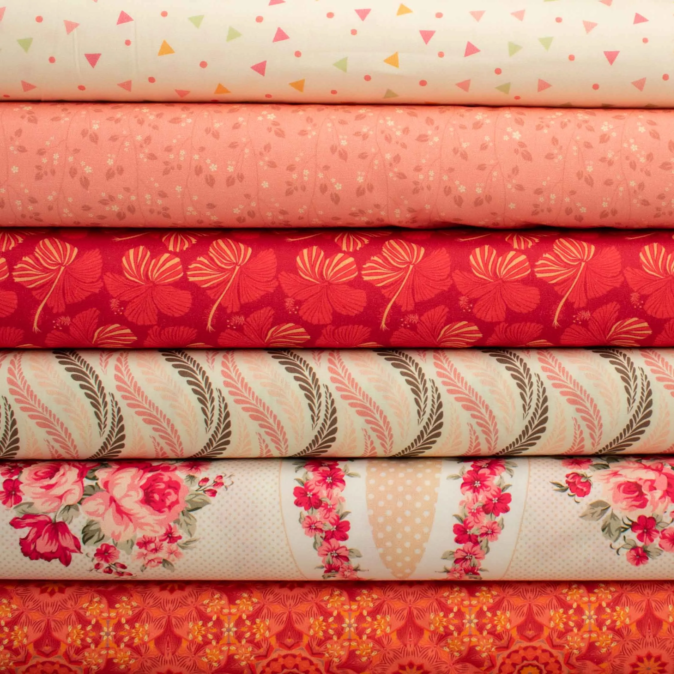 Ruby Red Collection #10 Small Pale Yellow Floral & Vines on Coral Cotton Prints